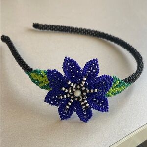 Beaded Royal Blue Flower Headband with Green Accents